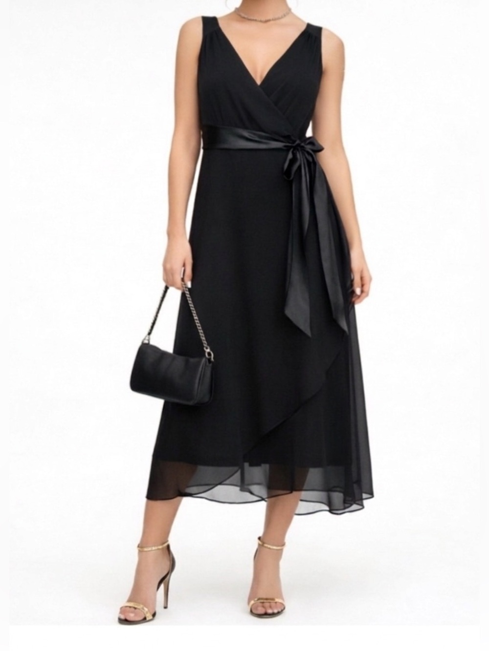 JONES WEAR Baby doll Black V-Neck Wrap Midi Dress with Satin‎ Waist Tie